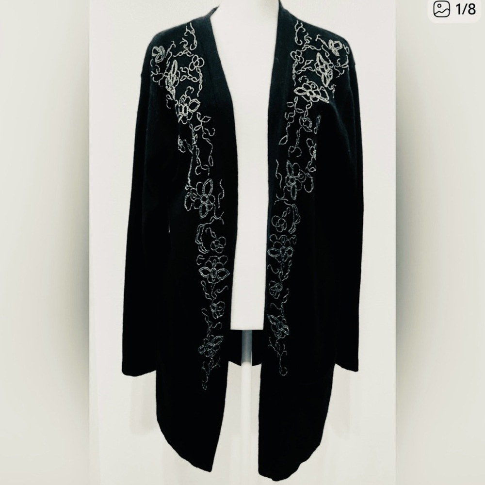 Vintage Ann Taylor Black 70% Lambswool 20% Angora beaded  longline cardigan.M
